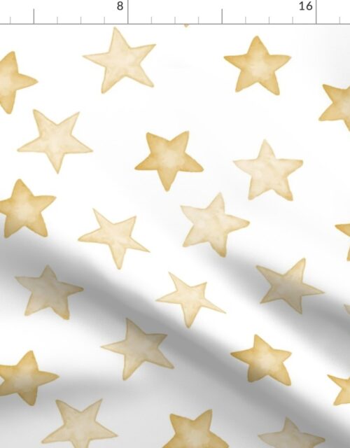 Large Faded Golden Christmas Stars on White Fabric