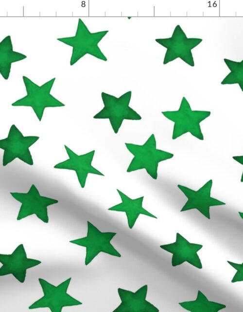 Large Faded Green Christmas Stars on White Fabric