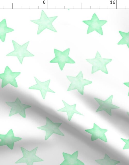 Large Faded Mint Christmas Stars on White Fabric