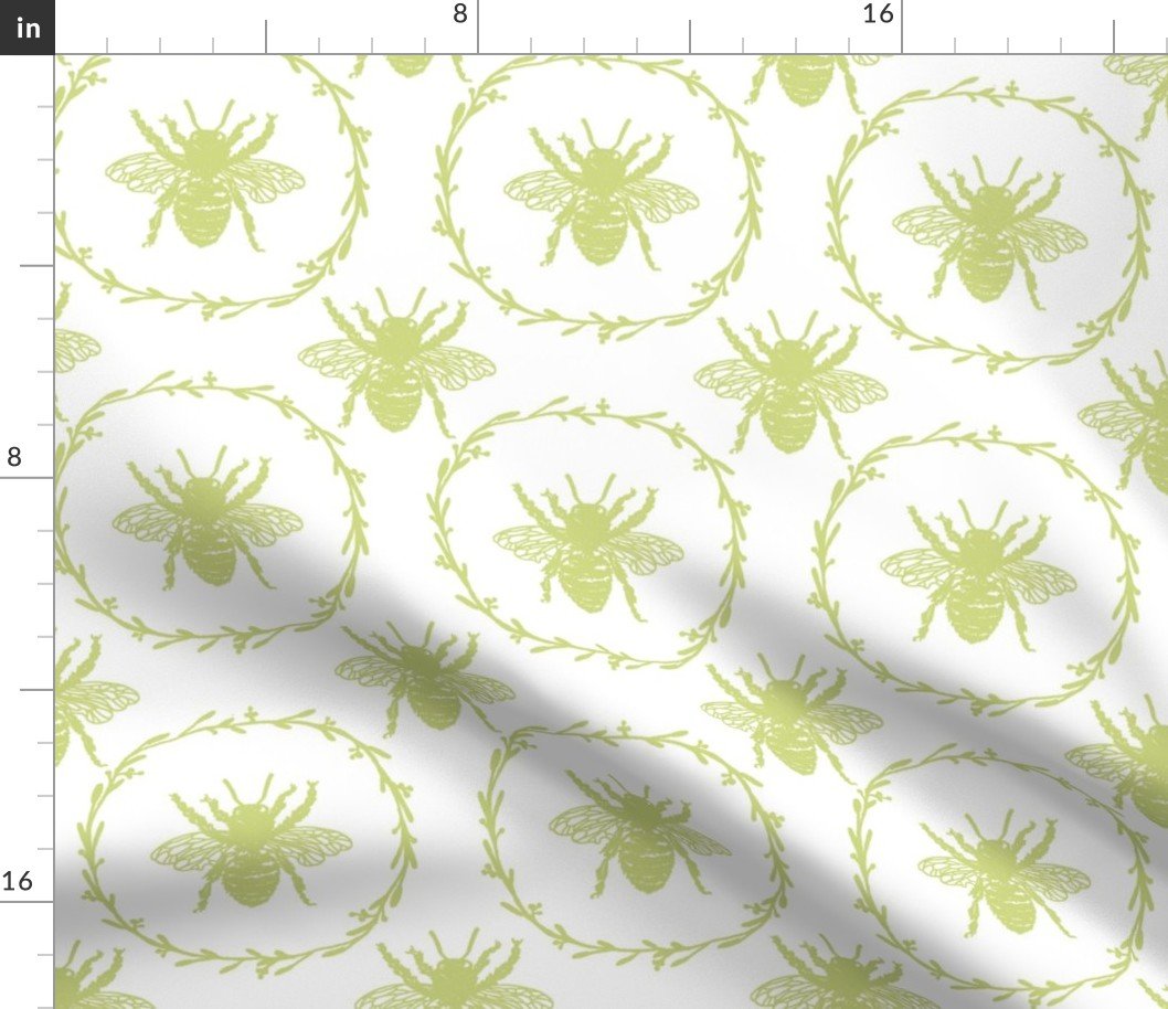 Large French Provincial Bees in Laurel Wreaths in New Green on White Fabric