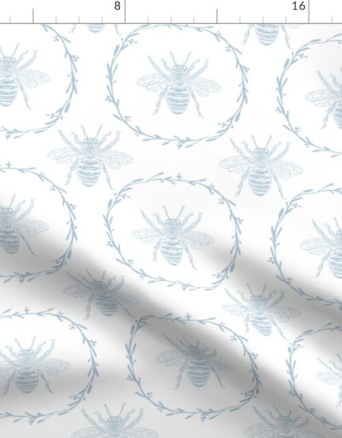 Large French Provincial Bees in Laurel Wreaths in Sky Blue on White Fabric