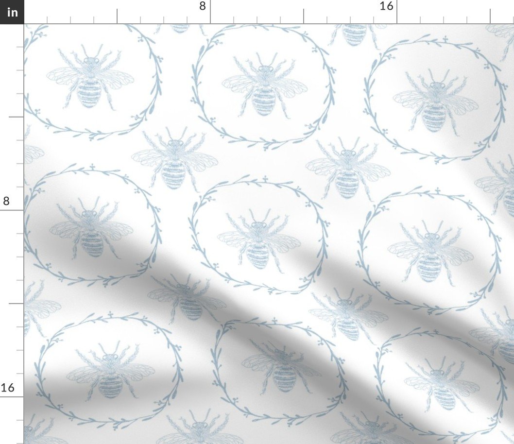 Large French Provincial Bees in Laurel Wreaths in Sky Blue on White Fabric