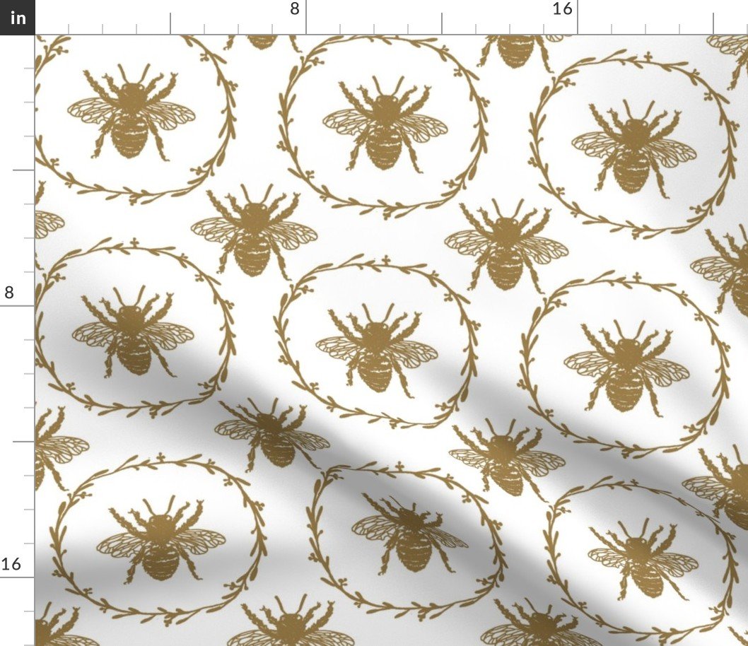 Large French Provincial Bees in Laurel Wreaths in Tan on White Fabric