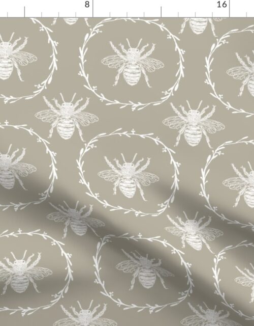 Large French Provincial Bees in Laurel Wreaths in White on Beige Fabric
