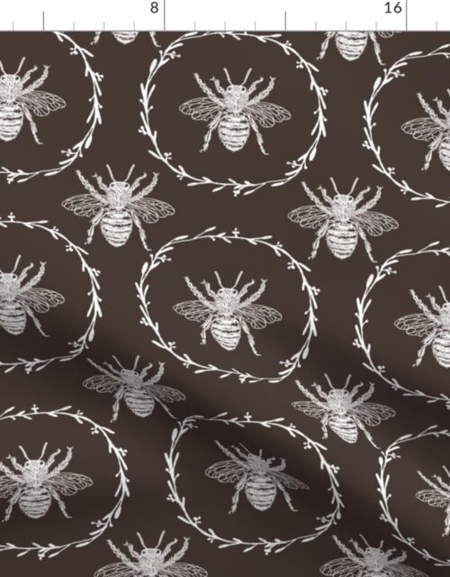 Large French Provincial Bees in Laurel Wreaths in White on Chocolate Fabric