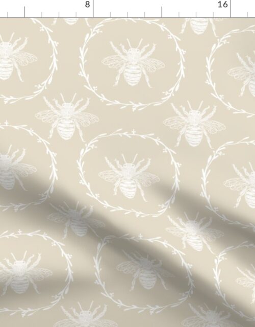 Large French Provincial Bees in Laurel Wreaths in White on Cream Fabric
