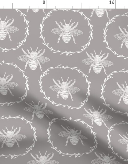 Large French Provincial Bees in Laurel Wreaths in White on Fawn Fabric