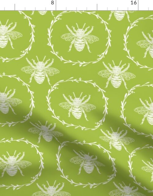 Large French Provincial Bees in Laurel Wreaths in White on Fresh Green Fabric