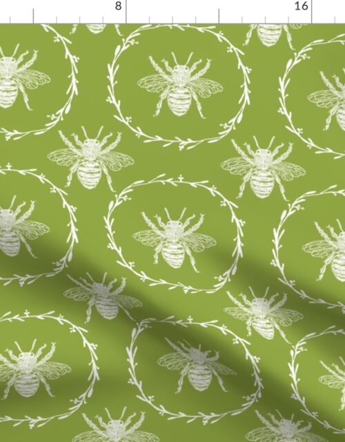 Large French Provincial Bees in Laurel Wreaths in White on Grass Green Fabric