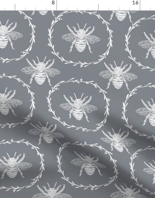 Large French Provincial Bees in Laurel Wreaths in White on Grey Blue Fabric