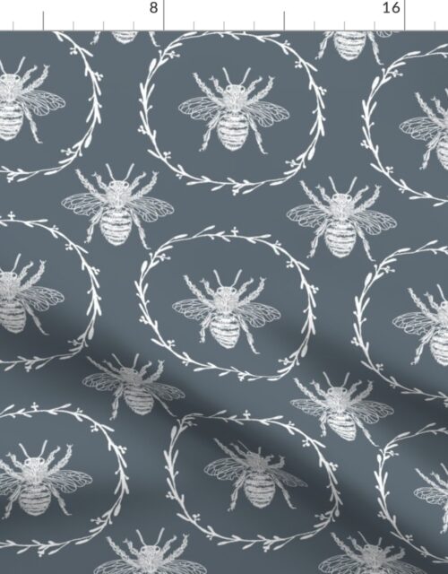 Large French Provincial Bees in Laurel Wreaths in White on Ice Blue Fabric