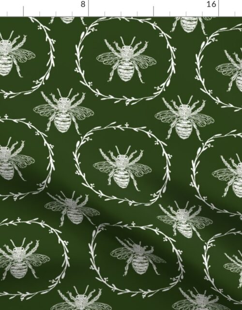 Large French Provincial Bees in Laurel Wreaths in White on Lichen Green Fabric