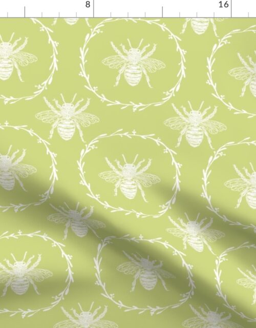 Large French Provincial Bees in Laurel Wreaths in White on New Green Fabric