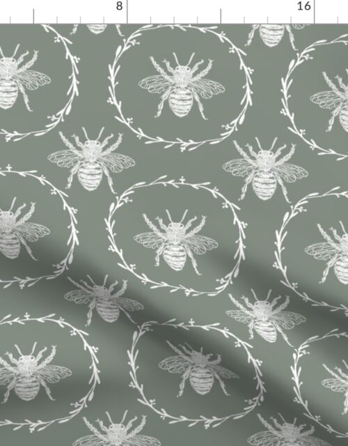Large French Provincial Bees in Laurel Wreaths in White on Sage Green Fabric