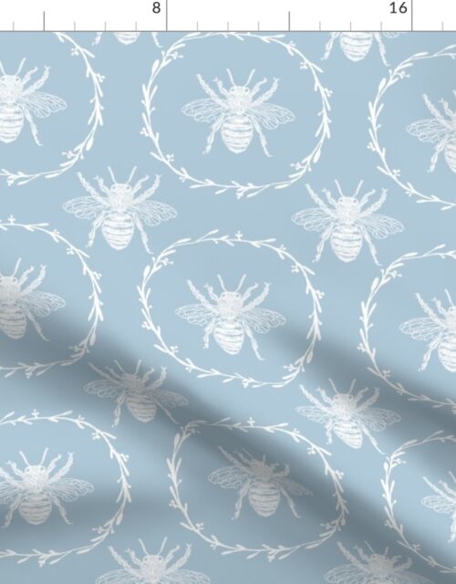 Large French Provincial Bees in Laurel Wreaths in White on Sky Blue Fabric