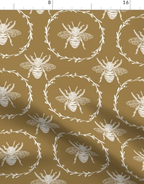 Large French Provincial Bees in Laurel Wreaths in White on Tan Fabric