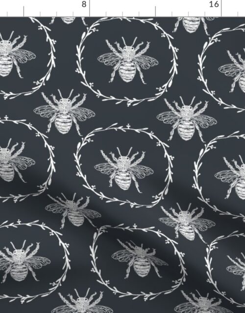 Large French Provincial Bees in Laurel Wreaths in White on Twilight Blue Fabric