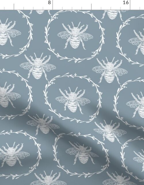 Large French Provincial Bees in Laurel Wreaths in White on Winter Blue Fabric