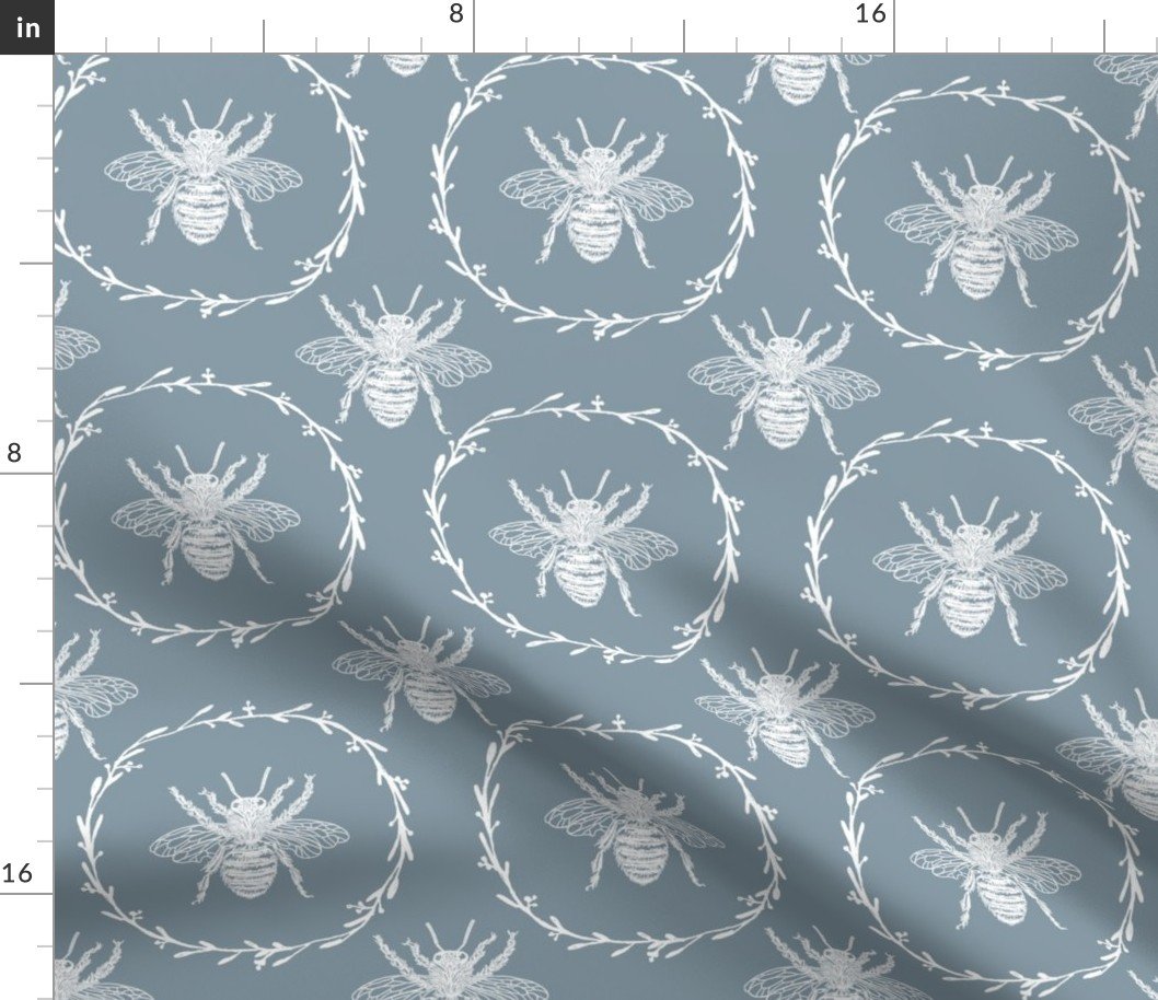 Large French Provincial Bees in Laurel Wreaths in White on Winter Blue Fabric
