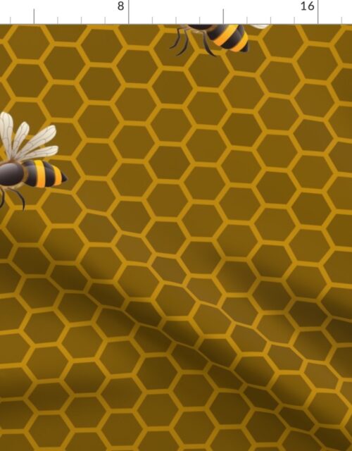 Large Golden Honey Honeycomb Bee Hive Geometric Hexagonal Design with Bees Fabric