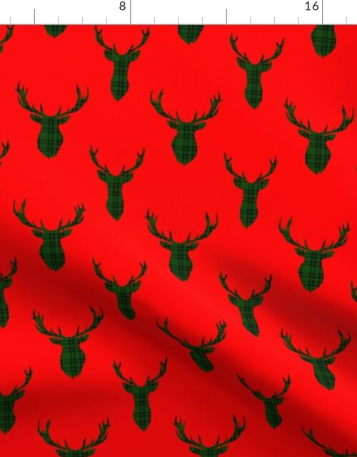 Large Green and Black Tartan Silhouetted Buck Deer Trophy Heads with Antler Racks Mounted on Red Fabric