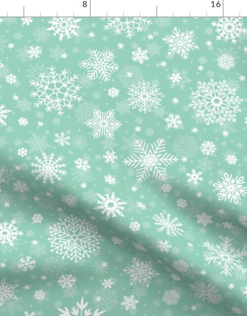 Large Merry Bright Mint Green and White Splattered Snowflakes Fabric