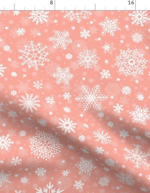 Large Merry Bright Peach and White Splattered Snowflakes Fabric