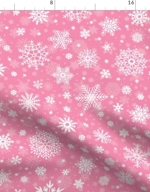 Large Merry Bright Rose and White Splattered Snowflakes Fabric