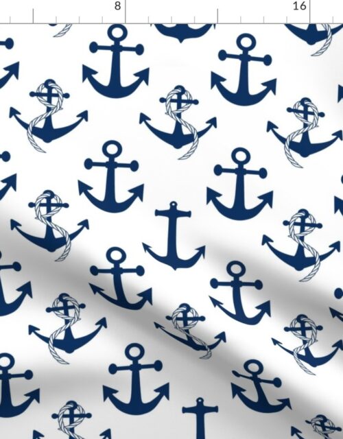 Large Nautical Blue Sailing Boat Anchors on White Fabric
