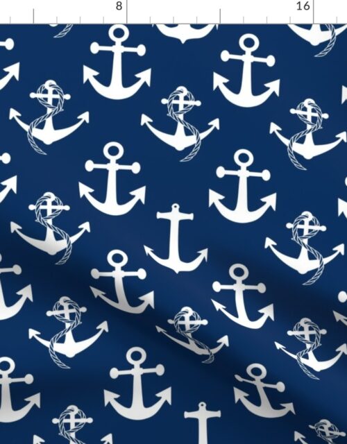 Large Nautical White Sailing Boat Anchors on Blue Fabric