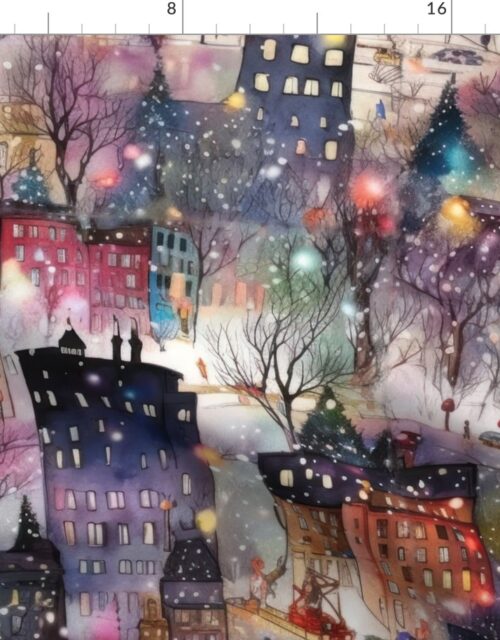 Large New York City Christmas Street Watercolor Fabric