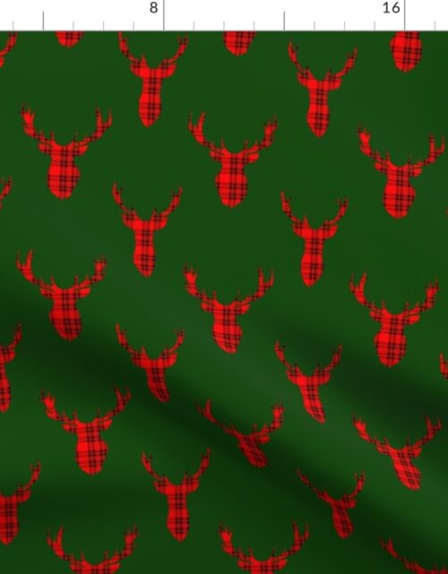Large Red and Black Tartan Silhouetted Buck Deer Trophy Heads with Antler Racks Mounted on Green Fabric