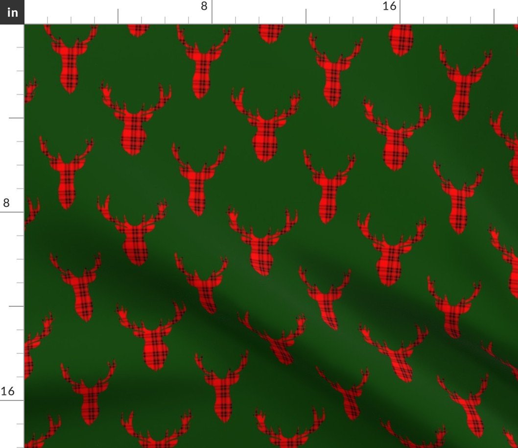 Large Red and Black Tartan Silhouetted Buck Deer Trophy Heads with Antler Racks Mounted on Green Fabric