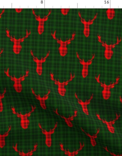 Large Red and Black Tartan Silhouetted Buck Deer Trophy Heads with Antler Racks Mounted on Green and Black Tartan Fabric
