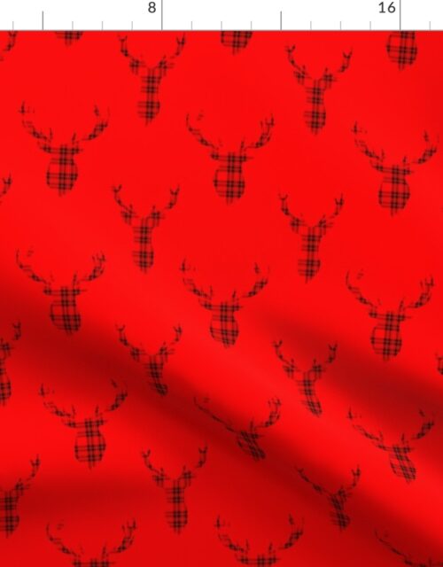 Large Red and Black Tartan Silhouetted Buck Deer Trophy Heads with Antler Racks Mounted on Red Fabric