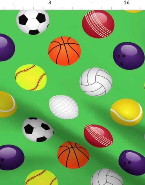 Large Sports Balls Soccer, Tennis, Basket, Base, Cricket, Volley, Golf, Soft and Pool Balls on Grass Green Fabric