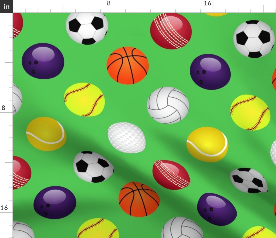 Large Sports Balls Soccer, Tennis, Basket, Base, Cricket, Volley, Golf, Soft and Pool Balls on Grass Green Fabric