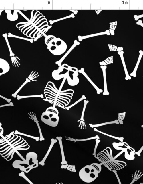 Large White Dancing Halloween Skeletons Scattered On Black Fabric