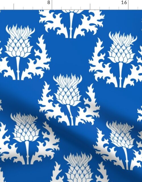 Large White Thistle Flower of Scotland on Scottish Flag Blue Fabric