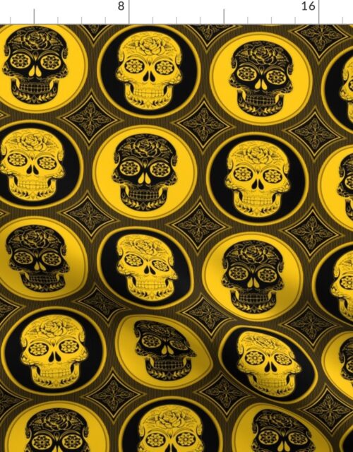 Large Yellow and Black Skulls Calaveras Day of the Dead Dia de los Muertos Fabric