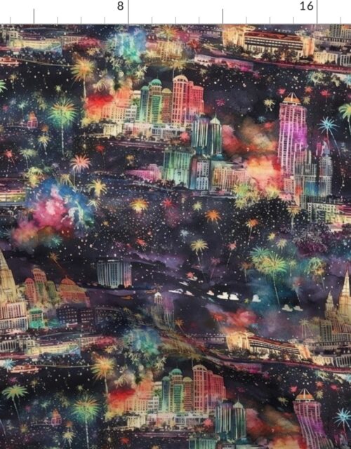 Las Vegas at New Year’s in Watercolors with Fairy Lights and Landmarks Fabric