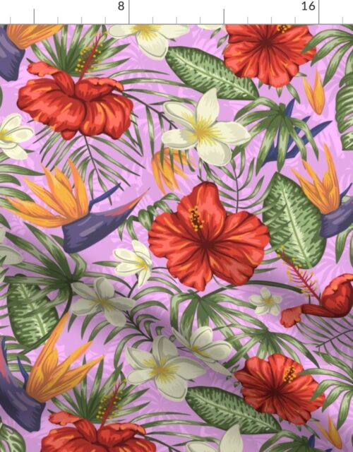 Lei Pink and Red Hawaiian Hibiscus Tropical Rainforest Birds of Paradise Fabric