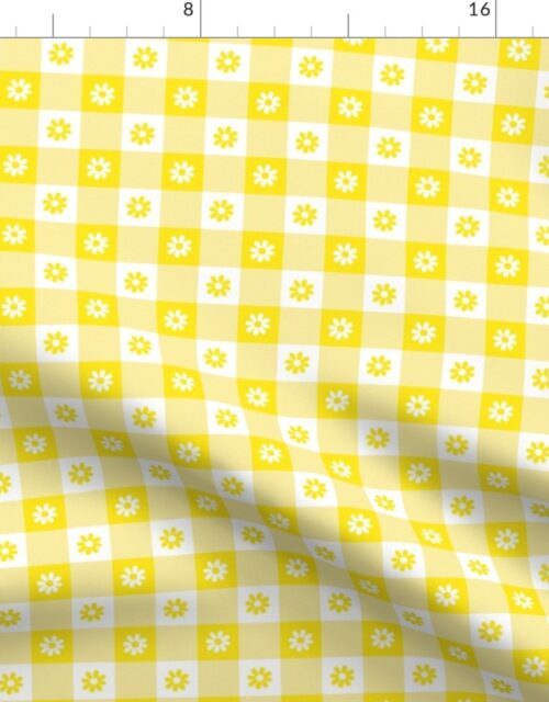 Lemon Lime  and White Gingham Floral Check with Center Floral Medallions in Lemon lime and White Fabric