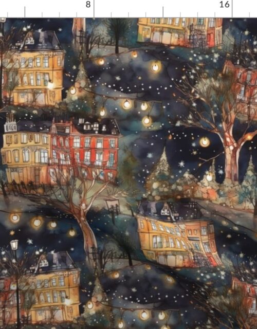 London City Christmas at Midnight Street Watercolor Fabric