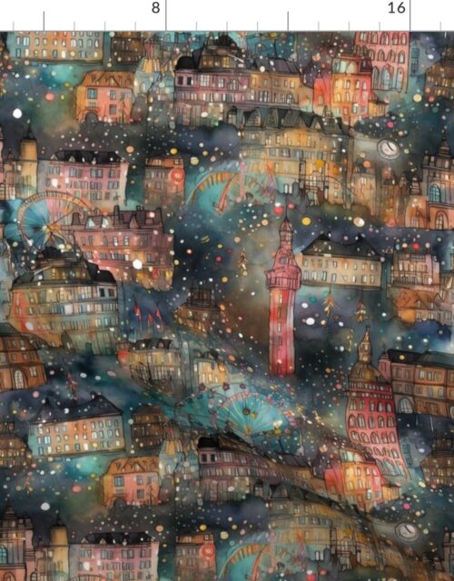 London at New Year’s in Watercolors with Fairy Lights and Landmarks Fabric
