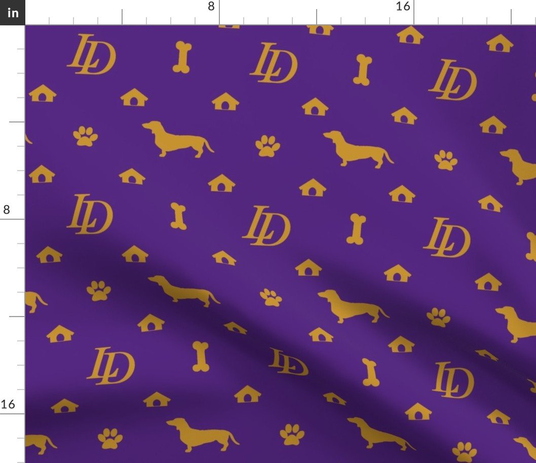Louis Luxury Monogram Mini Dachsunds on WKC Purple and Gold Fabric