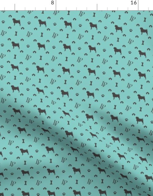 Louis Luxury Monogram Pugs on Aqua Fabric