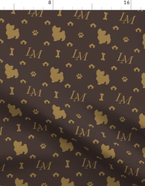Louis Maltese Dog Brown and Beige Pattern with LM Initials and Bone Motifs Fabric