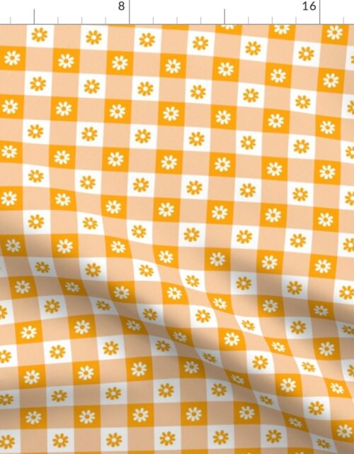 Marigold  and White Gingham Floral Check with Center Floral Medallions in Marigold and White Fabric
