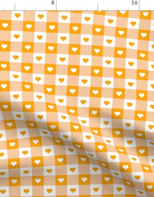 Marigold and White Gingham Valentines Check with Center Heart Medallions in Marigold and White Fabric